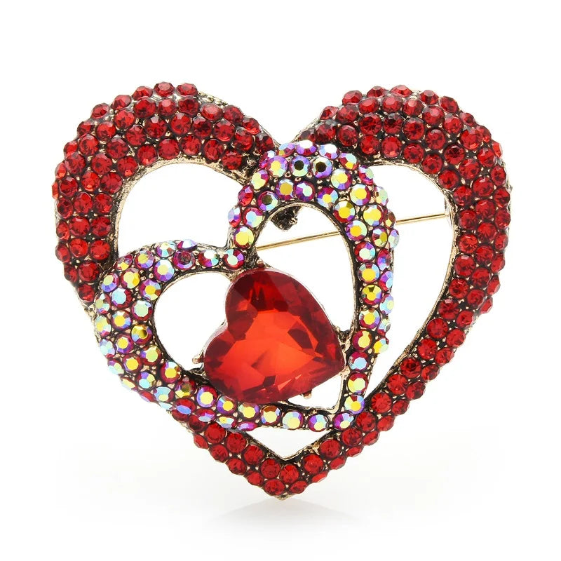 Layered Red Rhinestone Heart Brooch