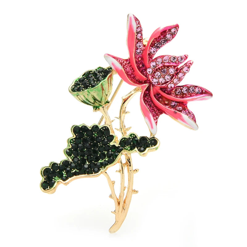 Pink Lotus Flower and Leaf Brooch
