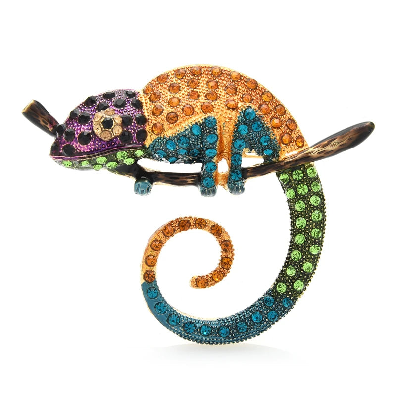 Multicolor Jeweled Chameleon Brooch