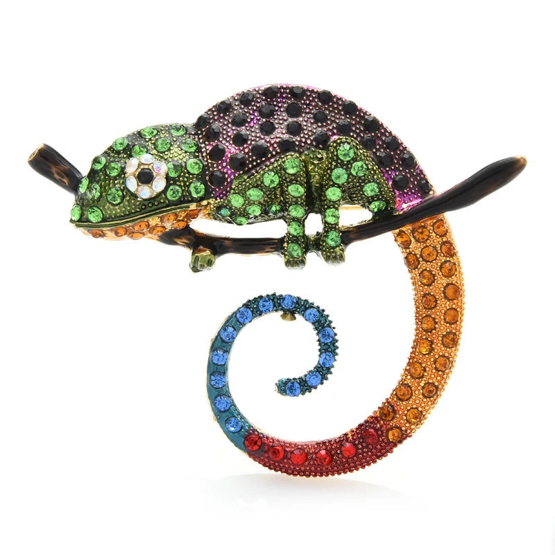 Multicolor Jeweled Chameleon Brooch