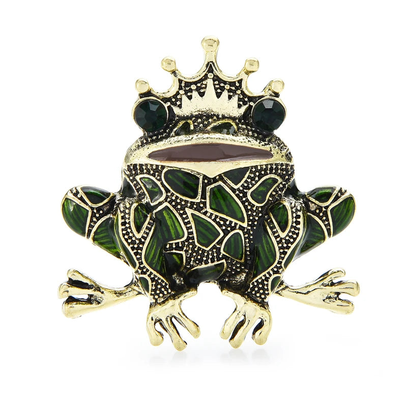 Green Enamel Frog Prince Brooch