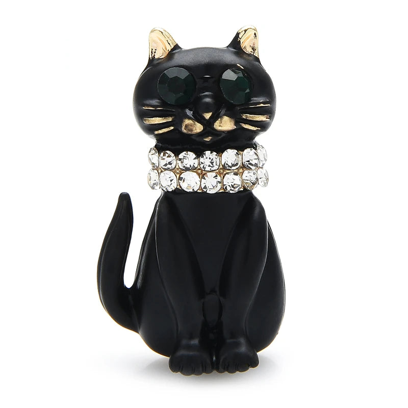 Black Enamel Cat with Jeweled Collar Brooch