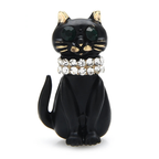 Black Enamel Cat with Jeweled Collar Brooch