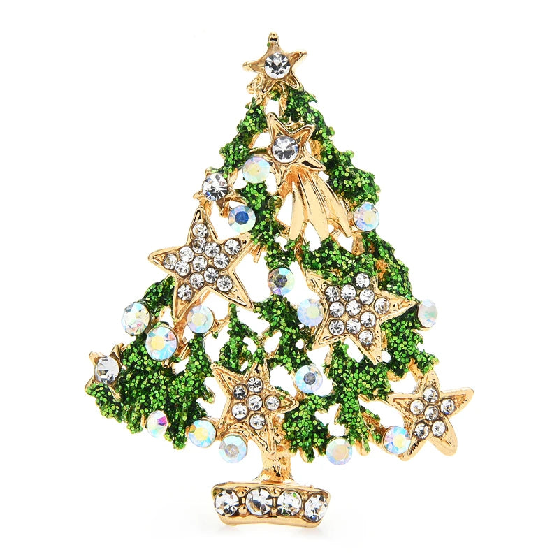 Green Jeweled Star Christmas Tree Brooch