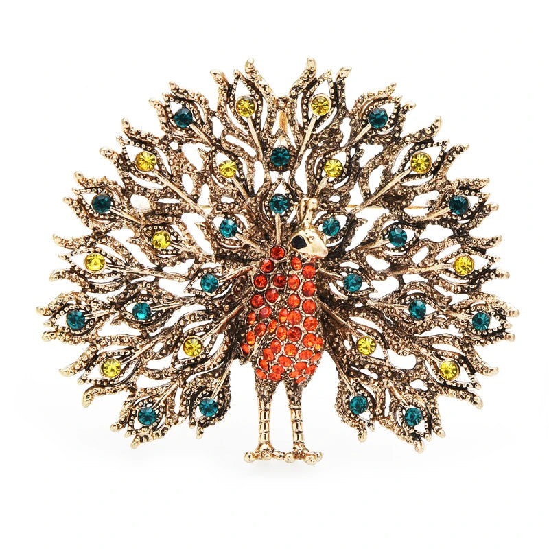 Vintage Jeweled Peacock Fan Brooch