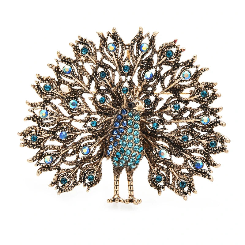 Vintage Jeweled Peacock Fan Brooch