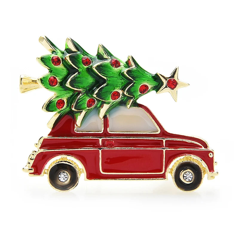 Red Enamel Car with Christmas Tree Brooch