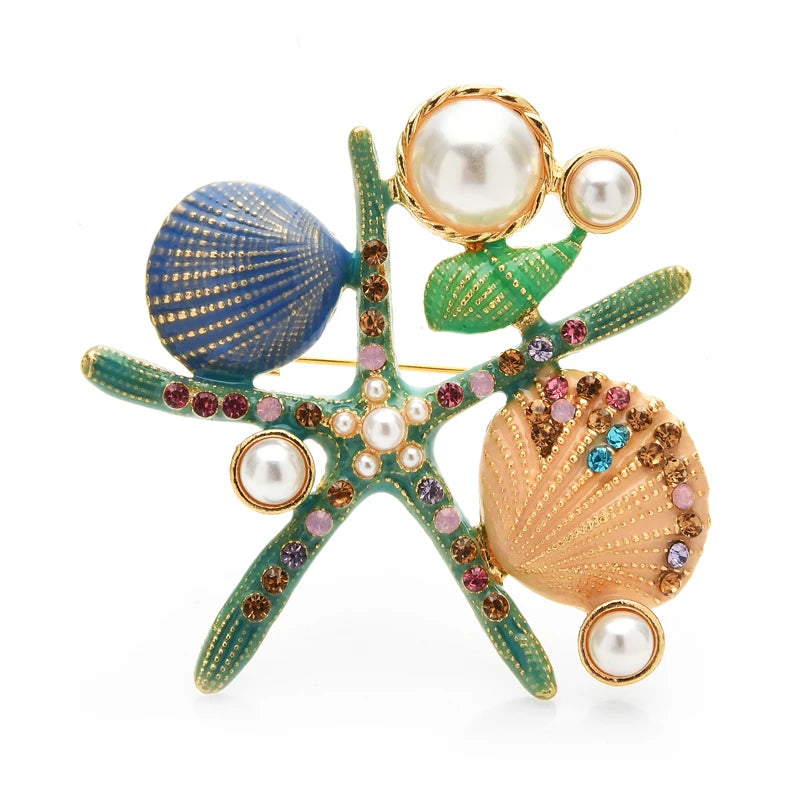 Enamel Starfish and Shells Brooch