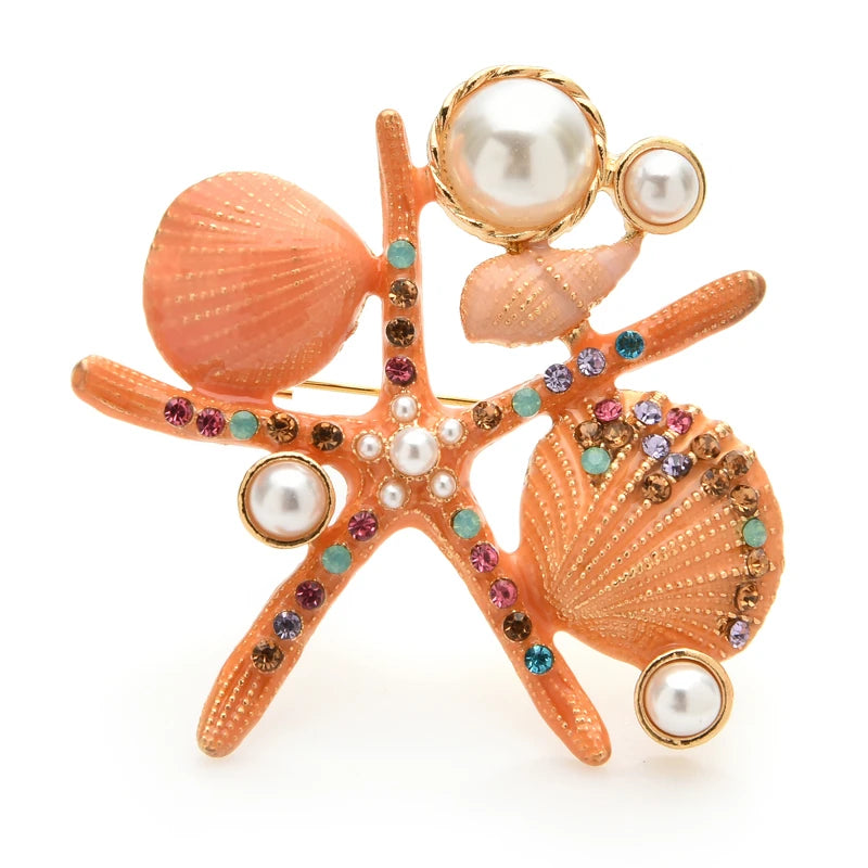 Enamel Starfish and Shells Brooch