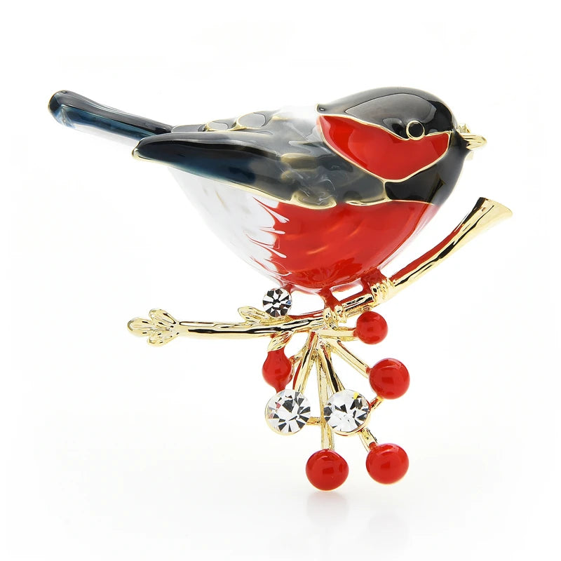 Enamel Bird with Red Berry Charms Brooch