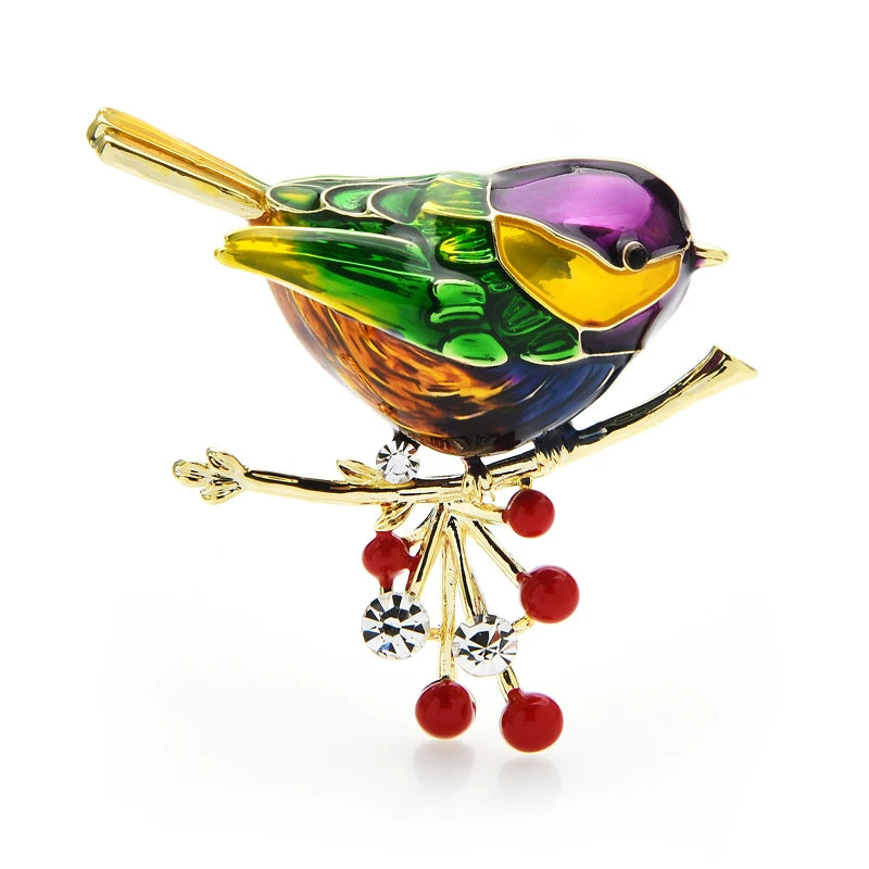 Enamel Bird with Red Berry Charms Brooch
