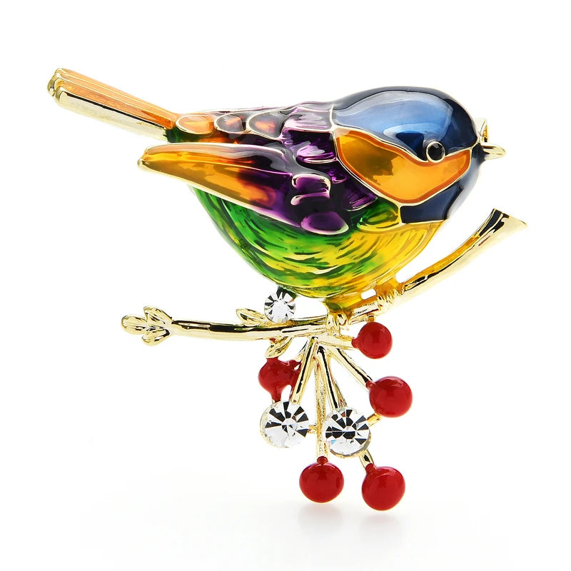 Enamel Bird with Red Berry Charms Brooch