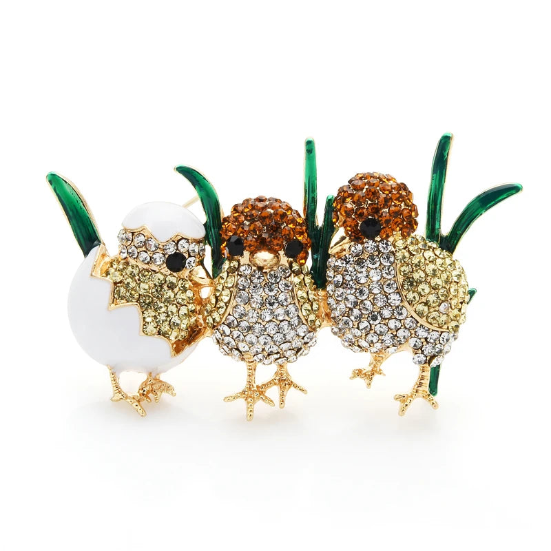 Three Jeweled Chicks in Grass Brooch
