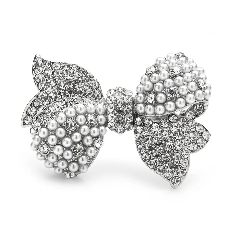 Pearl-Look Rhinestone Bow Brooch