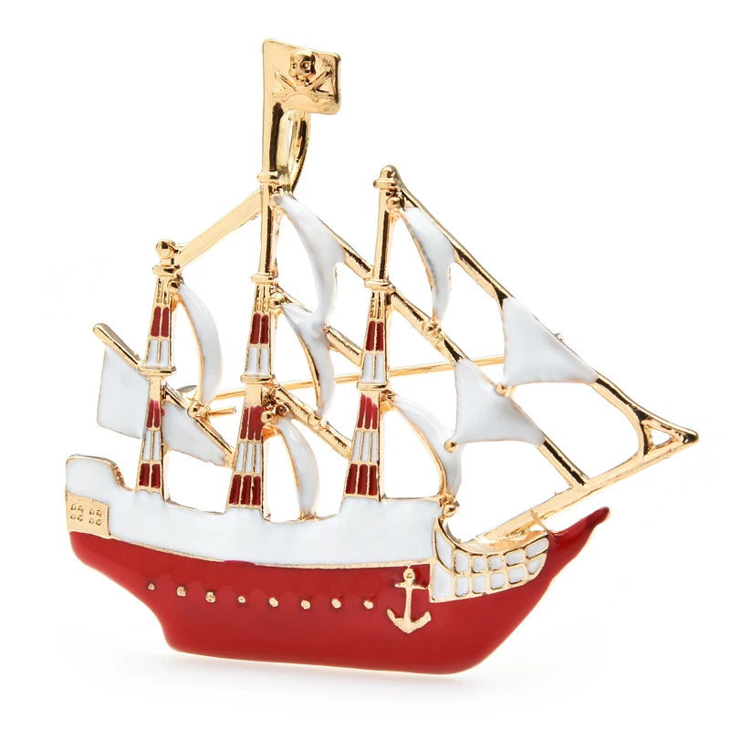 Enamel Three-Masted Sailing Ship Brooch