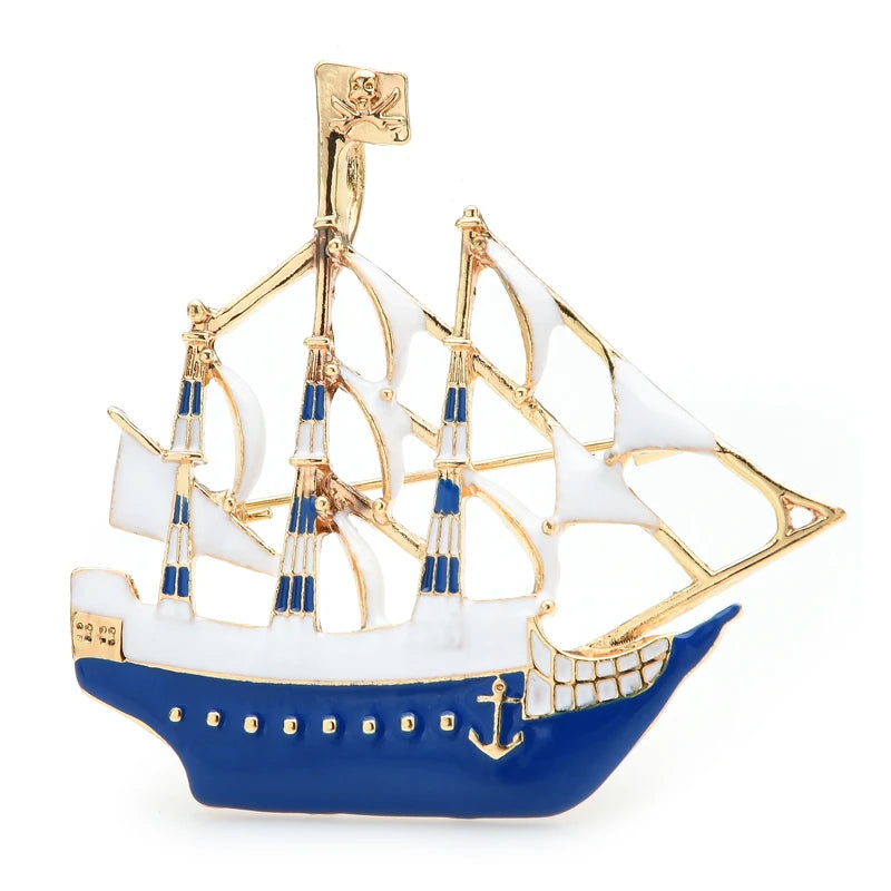 Enamel Three-Masted Sailing Ship Brooch