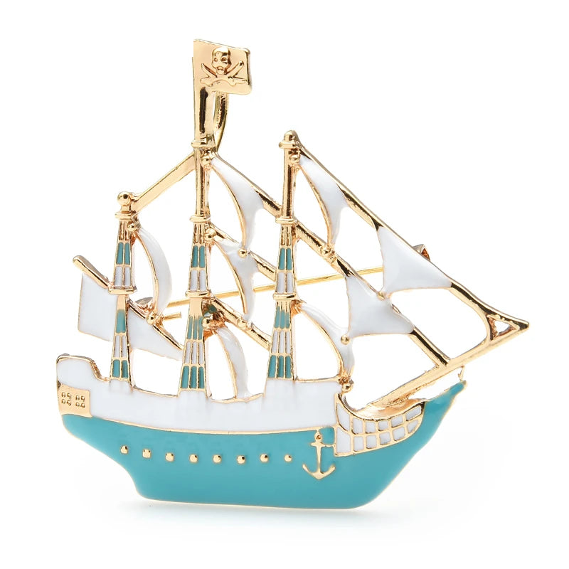 Enamel Three-Masted Sailing Ship Brooch