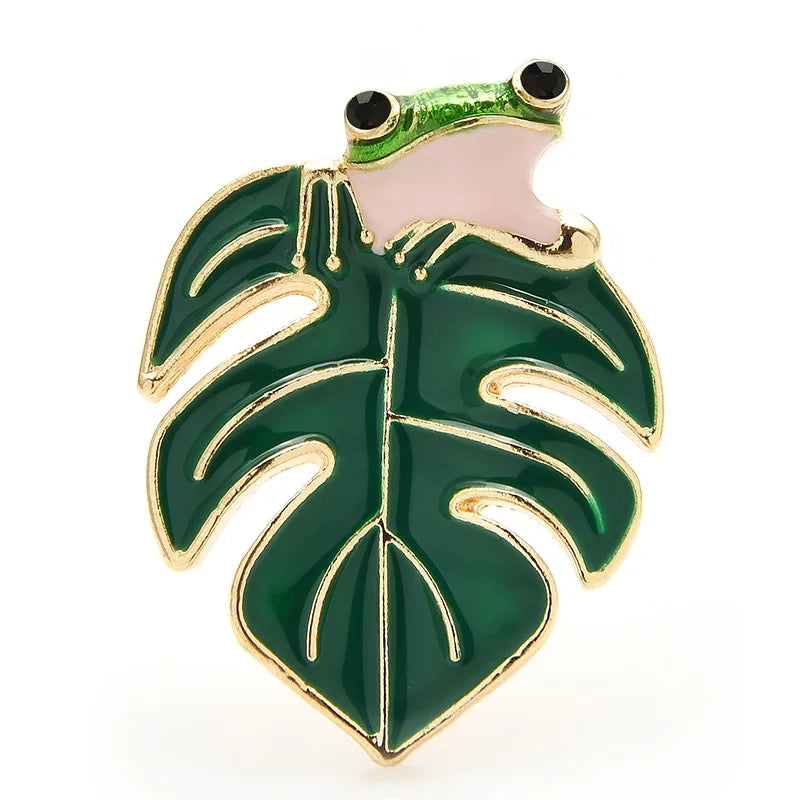 Enamel Frog on Monstera Leaf Brooch