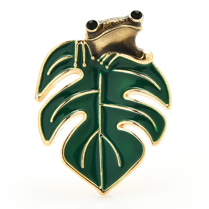 Enamel Frog on Monstera Leaf Brooch