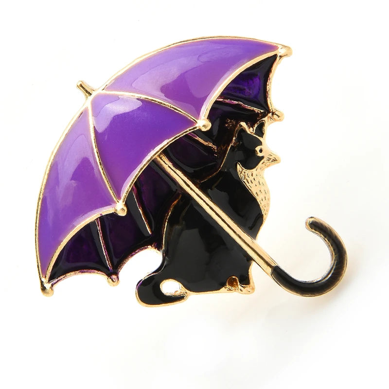Enamel Cat Under Umbrella Brooch