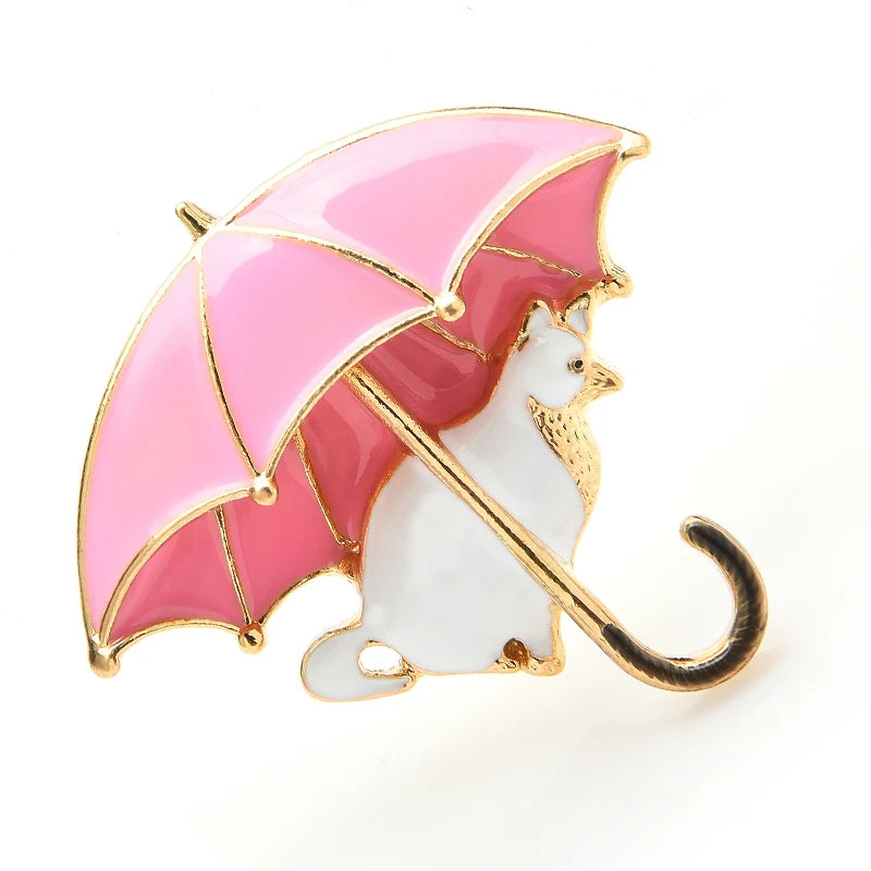 Enamel Cat Under Umbrella Brooch
