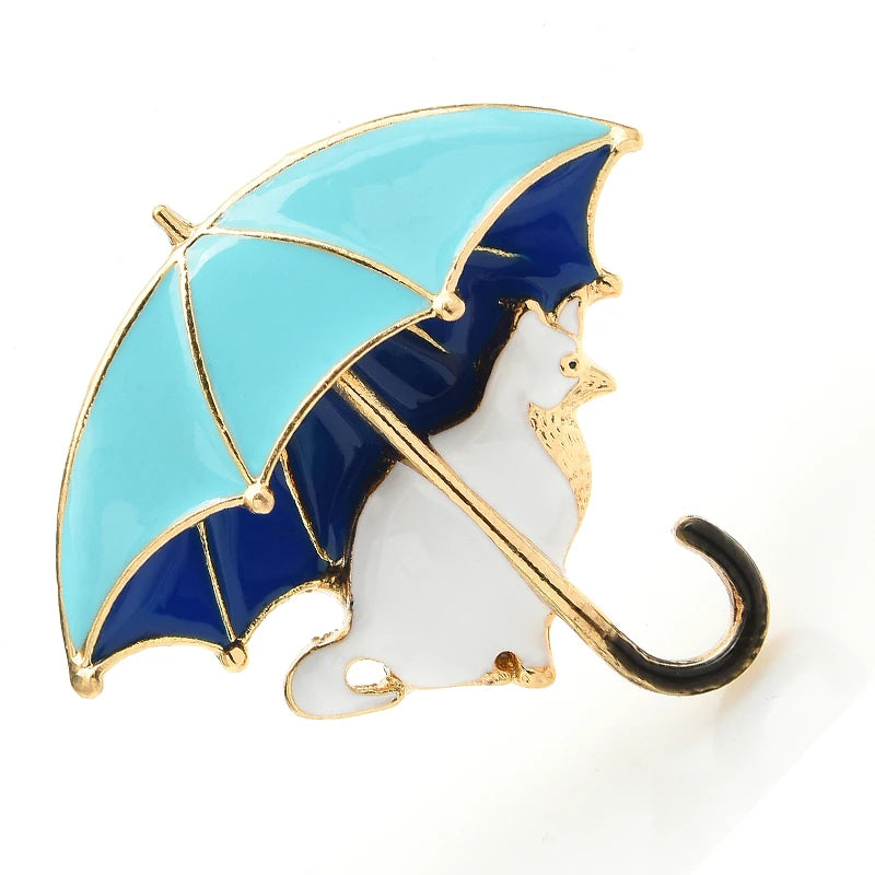 Enamel Cat Under Umbrella Brooch