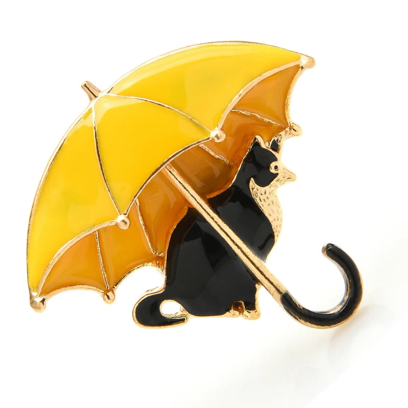 Enamel Cat Under Umbrella Brooch
