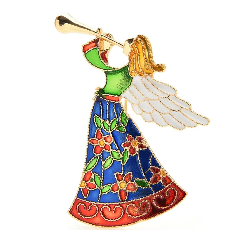 Floral Enamel Trumpet Angel Brooch
