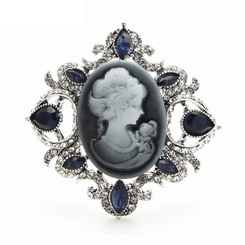 Navy Jeweled Cameo Portrait Brooch