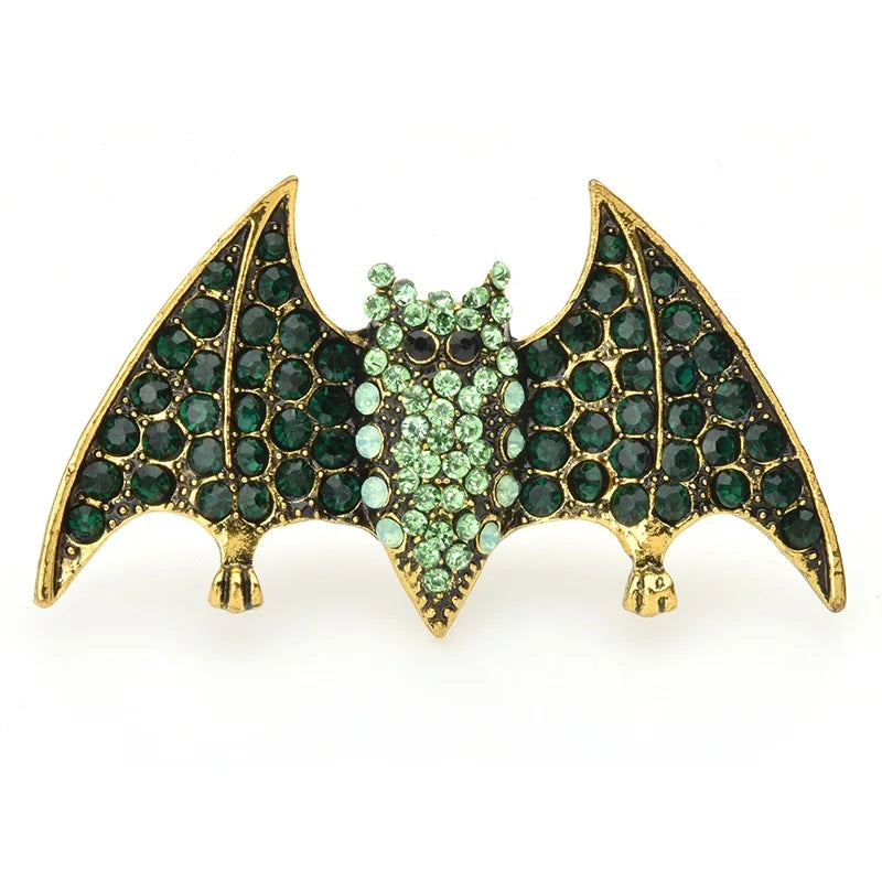 Green Rhinestone Bat Brooch