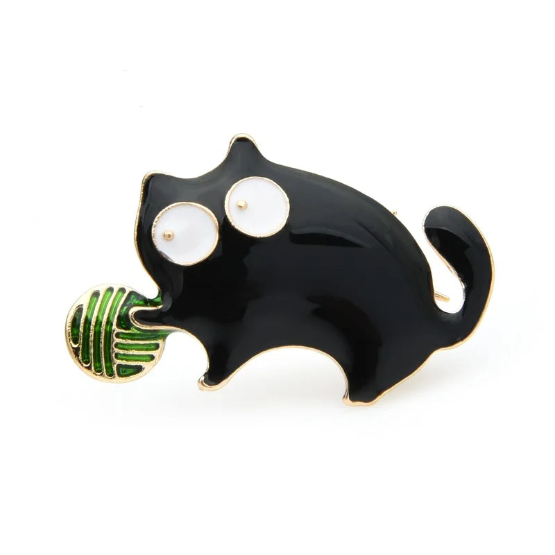Black Enamel Cat with Yarn Ball Brooch