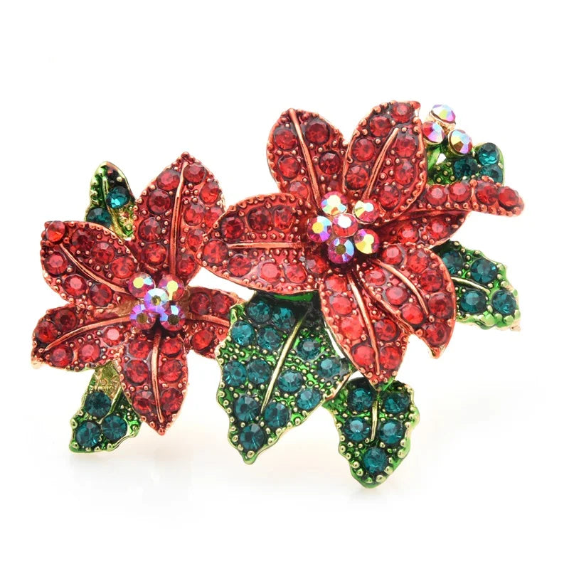 Red Rhinestone Poinsettia Flowers Brooch