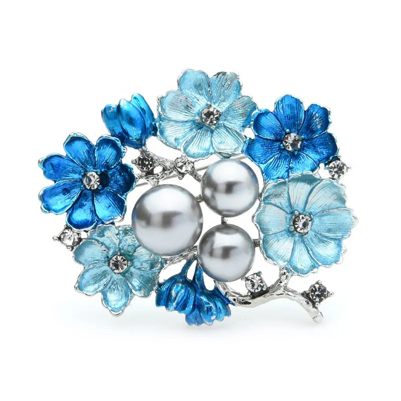 Blue Enamel Flowers and Pearl-Look Cluster Brooch