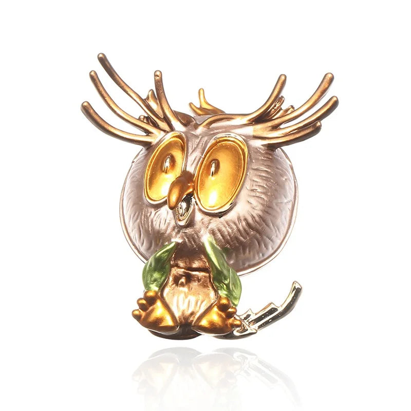 Enamel Antlered Owl Brooch