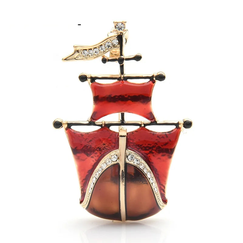 Red Enamel Tall Ship Brooch