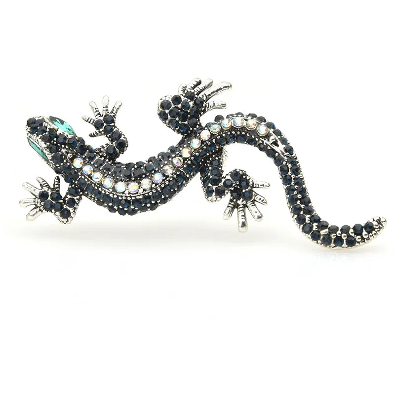 Blue and Clear Rhinestone Gecko Brooch