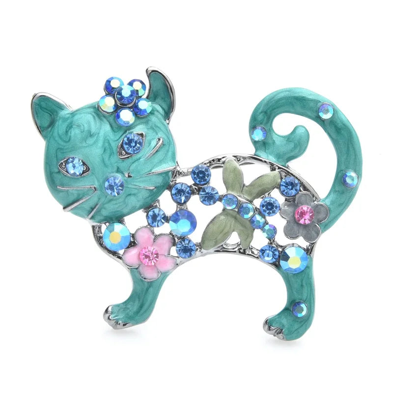 Floral Openwork Enamel Cat Brooch
