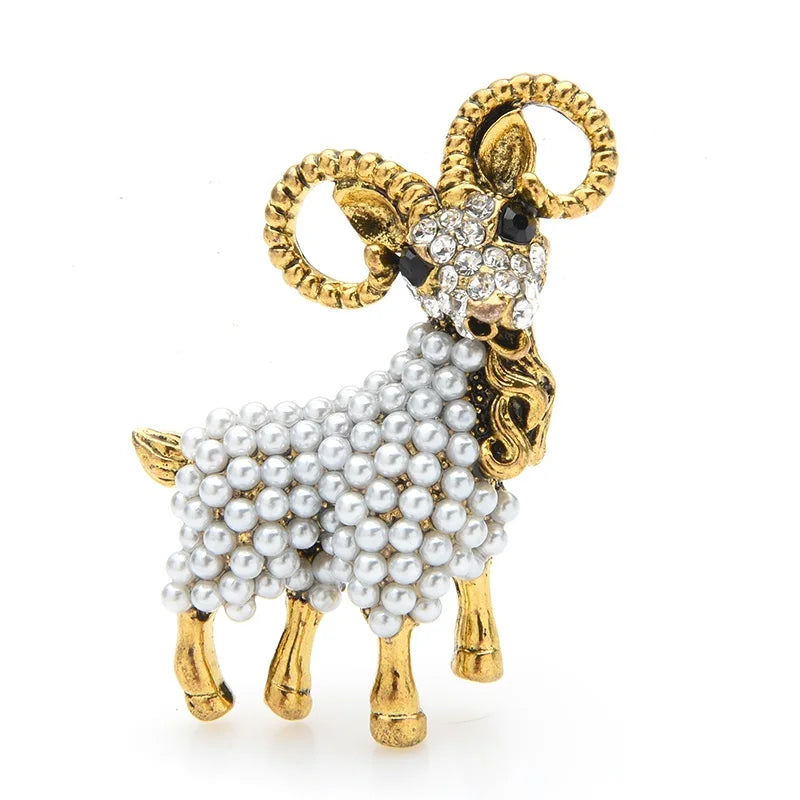 Pearl-Look Ram with Curled Horns Brooch