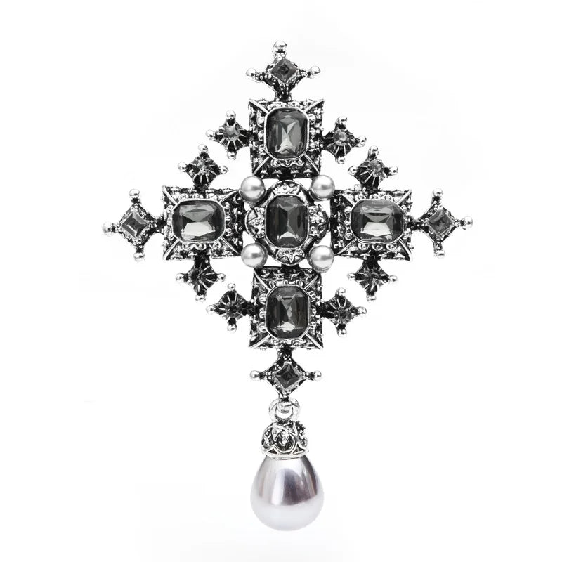 Vintage Jeweled Cross with Pearl-Look Drop Brooch