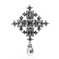 Vintage Jeweled Cross with Pearl-Look Drop Brooch