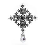 Vintage Jeweled Cross with Pearl-Look Drop Brooch