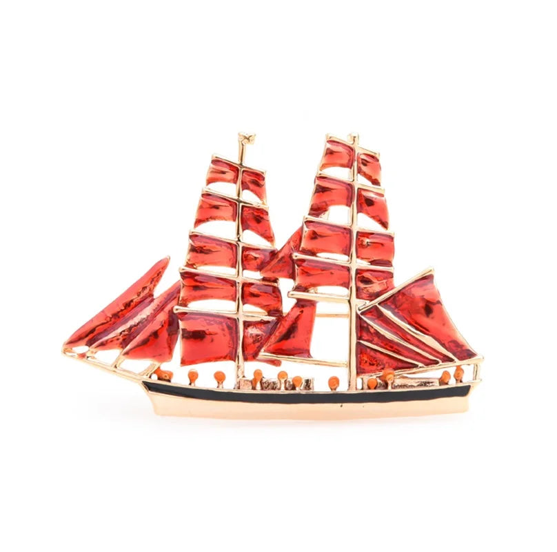 Red Enamel Clipper Ship Brooch