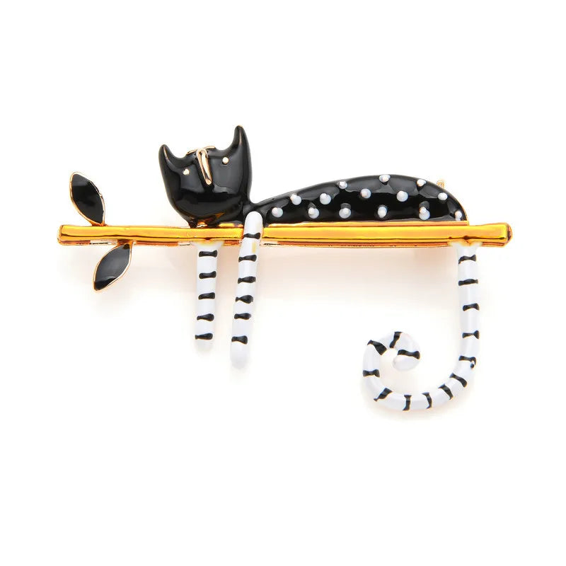 Black Enamel Cat Lounging on Branch Brooch