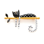 Black Enamel Cat Lounging on Branch Brooch