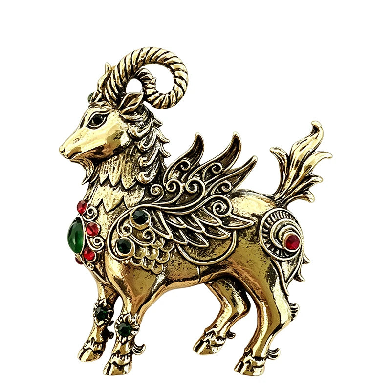 Vintage Ornate Ram with Red Jewel Accents Brooch