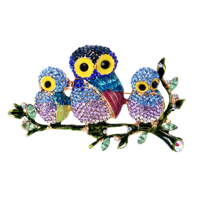 Jeweled Owl Family on a Branch Brooch