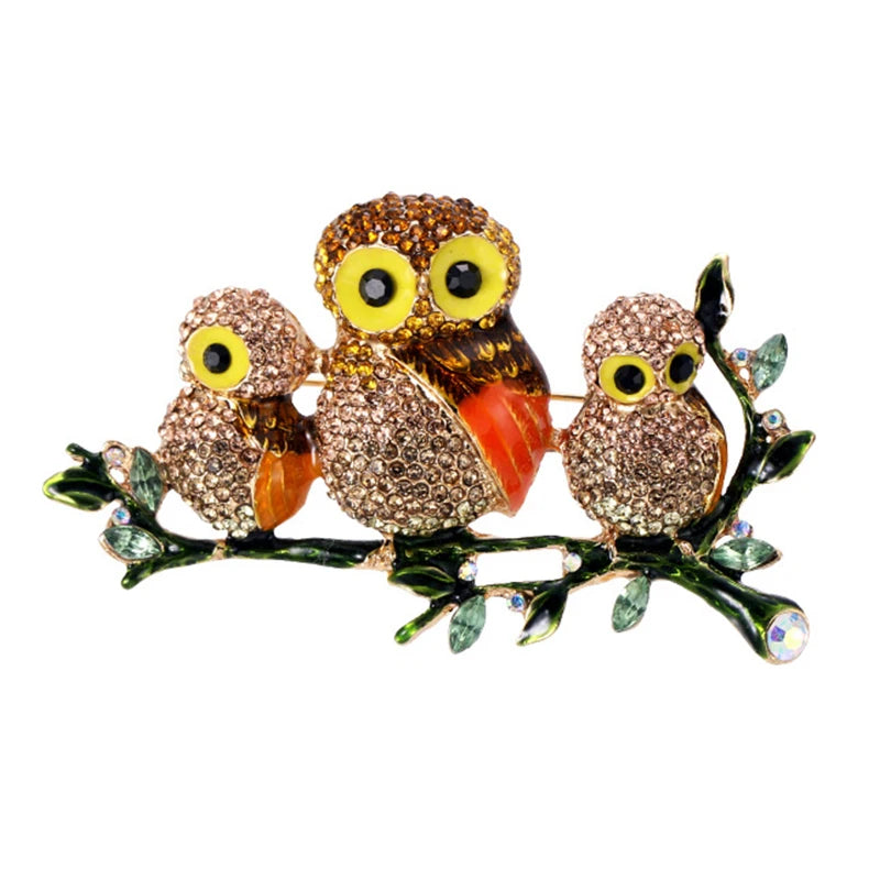 Jeweled Owl Family on a Branch Brooch