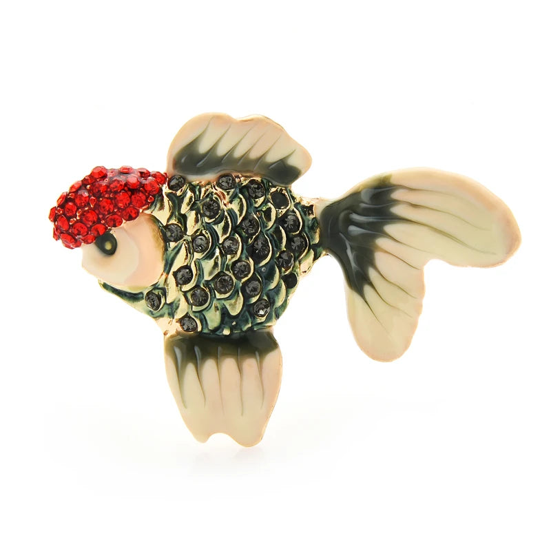 Enamel Goldfish with Red Jeweled Crown Brooch