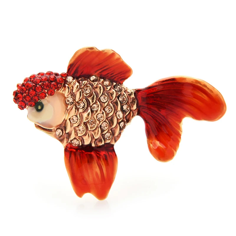 Enamel Goldfish with Red Jeweled Crown Brooch