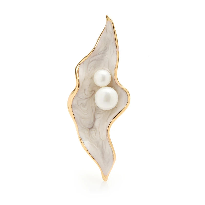 Wavy Enamel Petal with Pearl-Look Beads Brooch